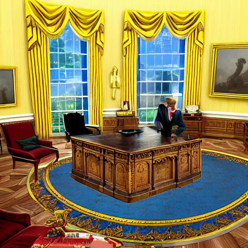 Image similar to spongebob in the oval office as president of the united states, volumetric lighting, 8 k octane beautifully detailed render, post - processing, extremely hyper - detailed, intricate, epic composition, cinematic lighting, masterpiece, trending on artstation, detailed detailed detailed, masterpiece, stunning art by anders zorn, wonderful masterpiece by greg rutkowski, beautiful cinematic light,