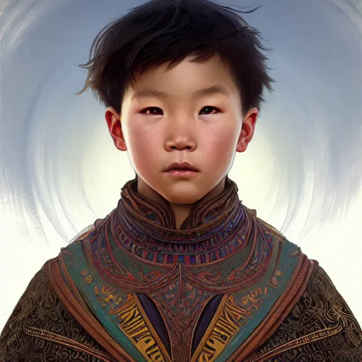 Image similar to illustration of a mongolian boy, d & d, fantasy, intricate, elegant, highly detailed, digital painting, artstation, concept art, smooth, sharp focus, illustration, art by artgerm and greg rutkowski and alphonse mucha