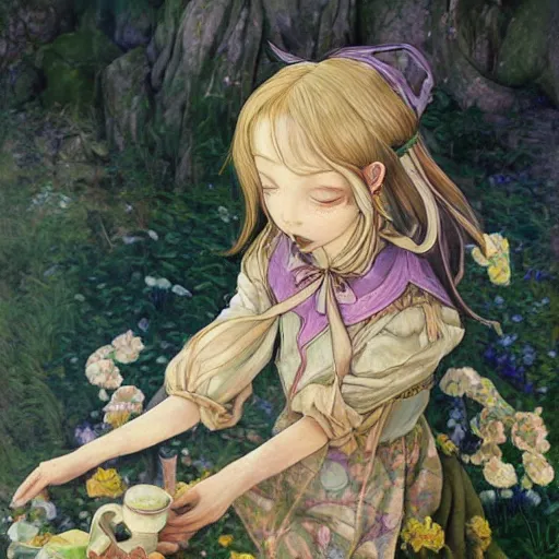 Image similar to little elf girl, tunic, soft hair. light color palate, purple, yellow and white. detailed soft painting, ayami kojima, made in abyss, anatomically correct, inspired in balthus, high detailed face anime, vogue magazine, glorious composition