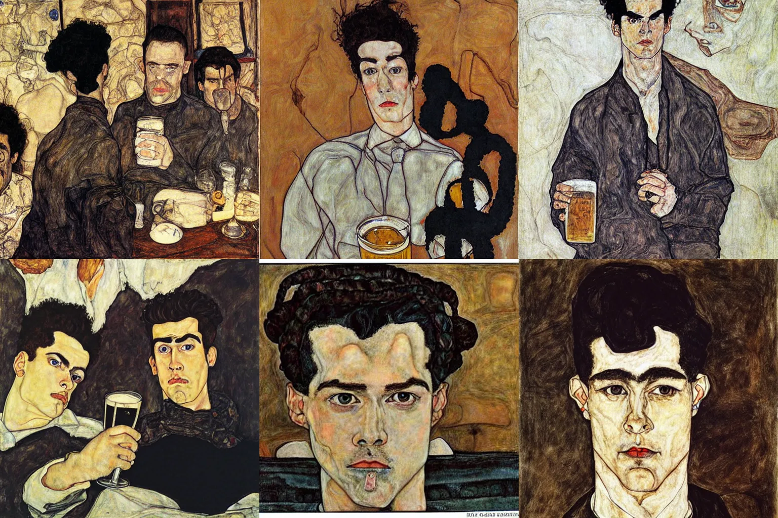 Prompt: egon schiele art long black two braided beard thick eyebrows colin farrell with black short hair drinking a pint of beer