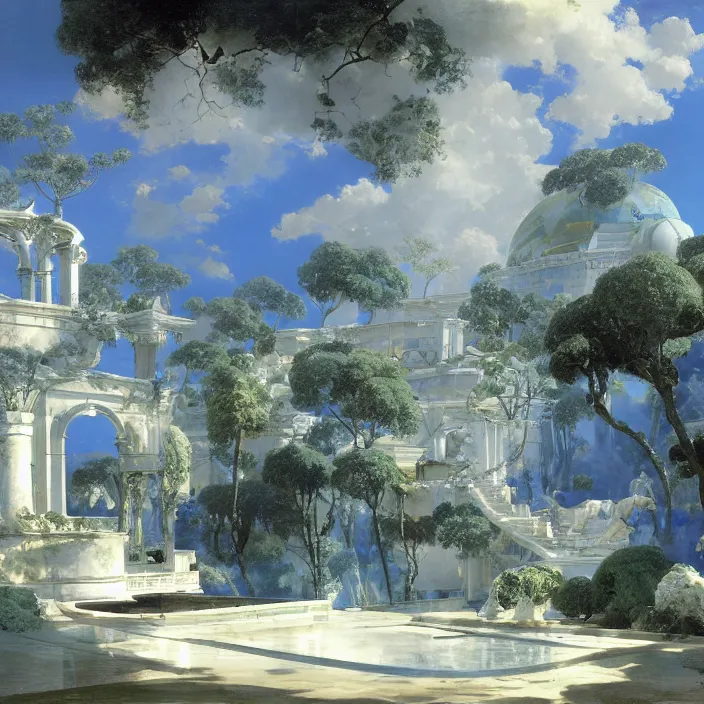 Prompt: gardens of marble draped in flowing sheets of cobalt blue satin and silver satin, by syd mead and ivan aivazovsky and alma tadema and pieter claesz and moebius and roger dean and august malmstrom and john berkey, hyperrealistic, volumetric light, octane render