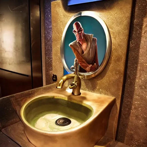 Image similar to a sink that is themed after jar jar binks