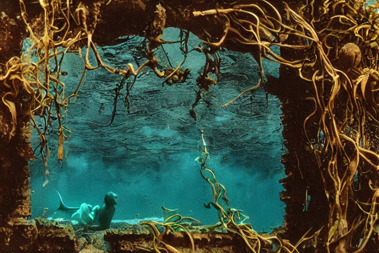 Prompt: analog photograph of underwater ruins with a mermaid and kelp, deep azure tones, film grain, color bleed, bokeh, depth of field