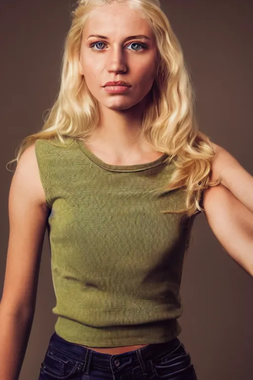 Prompt: photograph of a vintage photo of an olive skinned blonde female model in her twenties, wearing a designer top, looking content, focused on her neck, photo realistic, extreme detail skin, natural beauty, no filter, slr, golden hour, 4 k, high definition, selfie