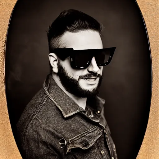 Prompt: portrait of the devil wearing sunglasses, big teeth!!! beautiful portrait, studio lighting, 4 k, masterpiece tintype