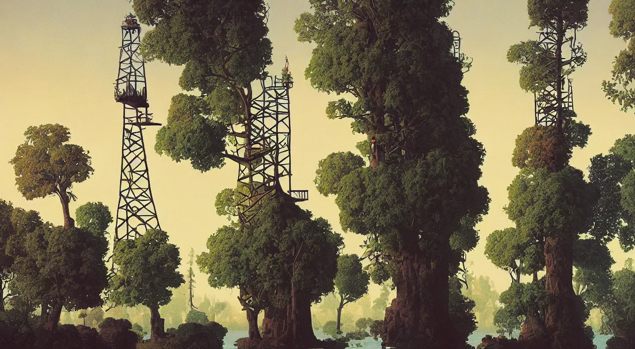 Image similar to single flooded simple giant tree tower!, very coherent and colorful high contrast!! masterpiece by rene magritte simon stalenhag carl spitzweg syd mead norman rockwell edward hopper james gilleard, minimalist, dark shadows, sunny day, hard lighting