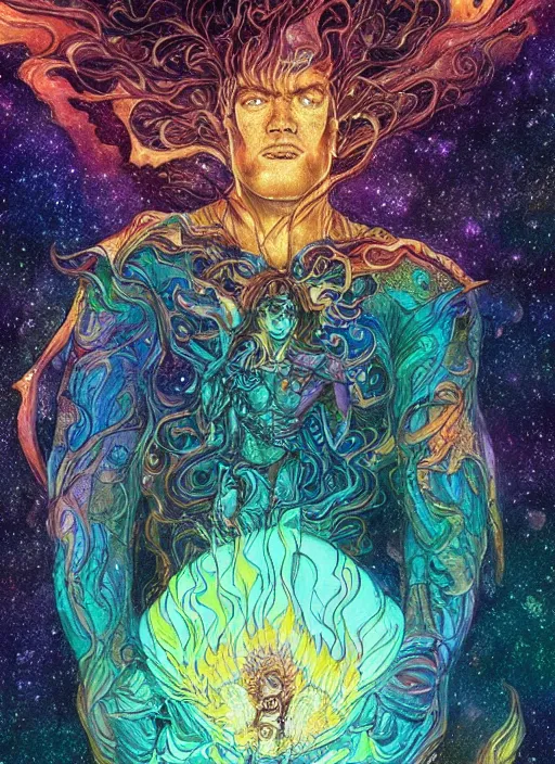 Image similar to high intricate colored ink drawing of the sandman holding a glimmering fire - galaxy, full shot, neil gaiman, maria panfilova, andrea savchenko, mike kime, ludovic plouffe, qi sheng luo, oliver cook, julian calle, eddie mendoza, trending on artstation