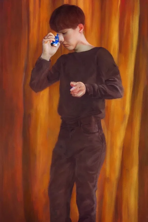 Image similar to realistic detailed full body picture of a sad finnish boy dancing in a south korean night club with a phone in hand, short brown hair, big eyes, masculine jawline, colorful, oil painting, cinematic lighting