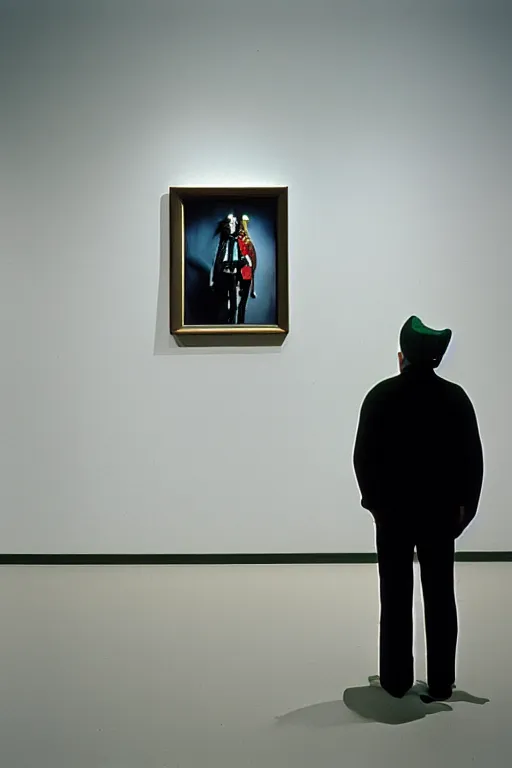 Prompt: silverconeheadman seen from behind standing in an empty gallery contemplating over a frame hanging at the opposite wall, photo taken with provia 1967