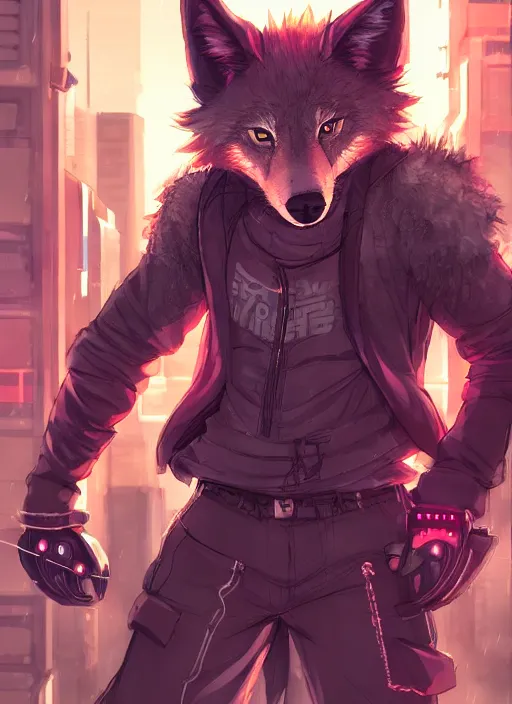 Image similar to character portrait of a male anthro wolf fursona with a tail and a cute beautiful attractive detailed furry face wearing stylish cyberpunk clothes in a cyberpunk city at night while it rains. hidari, color page, tankoban, 4K, tone mapping, Akihiko Yoshida.