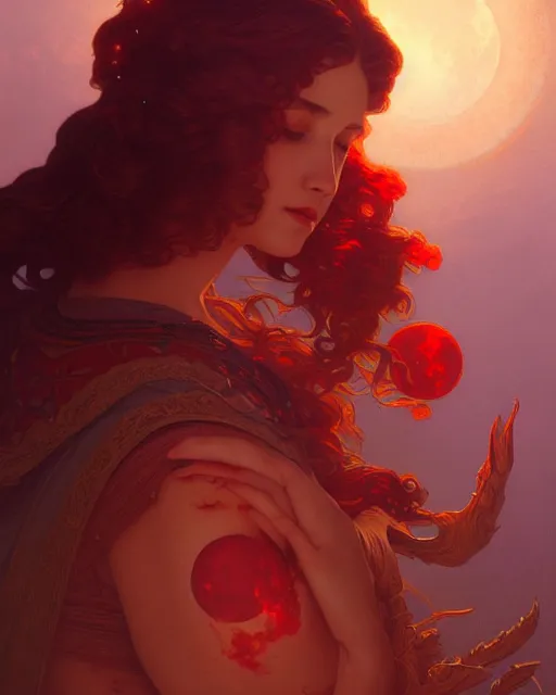 Prompt: painting of the blood moon, decorated, intricate, elegant, highly detailed, digital painting, artstation, concept art, smooth, sharp focus, illustration, art by artgerm and greg rutkowski and alphonse mucha, 8 k