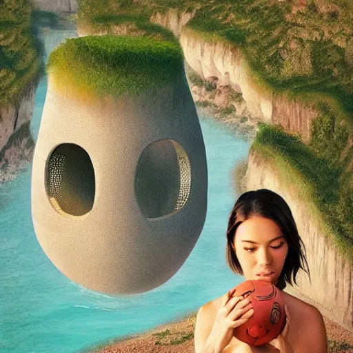 Prompt: beautiful portrait of bamboo living pods shaped like a football embedded on the side of a cliff, the time machine, art by artgerm, artwork by beeple