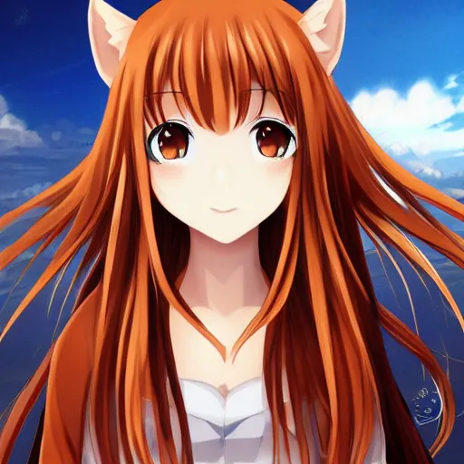 Prompt: Horo from the anime Spice and Wolf, beautiful portrait, Danbooru, anime, HD wallpaper, detailed, digital art