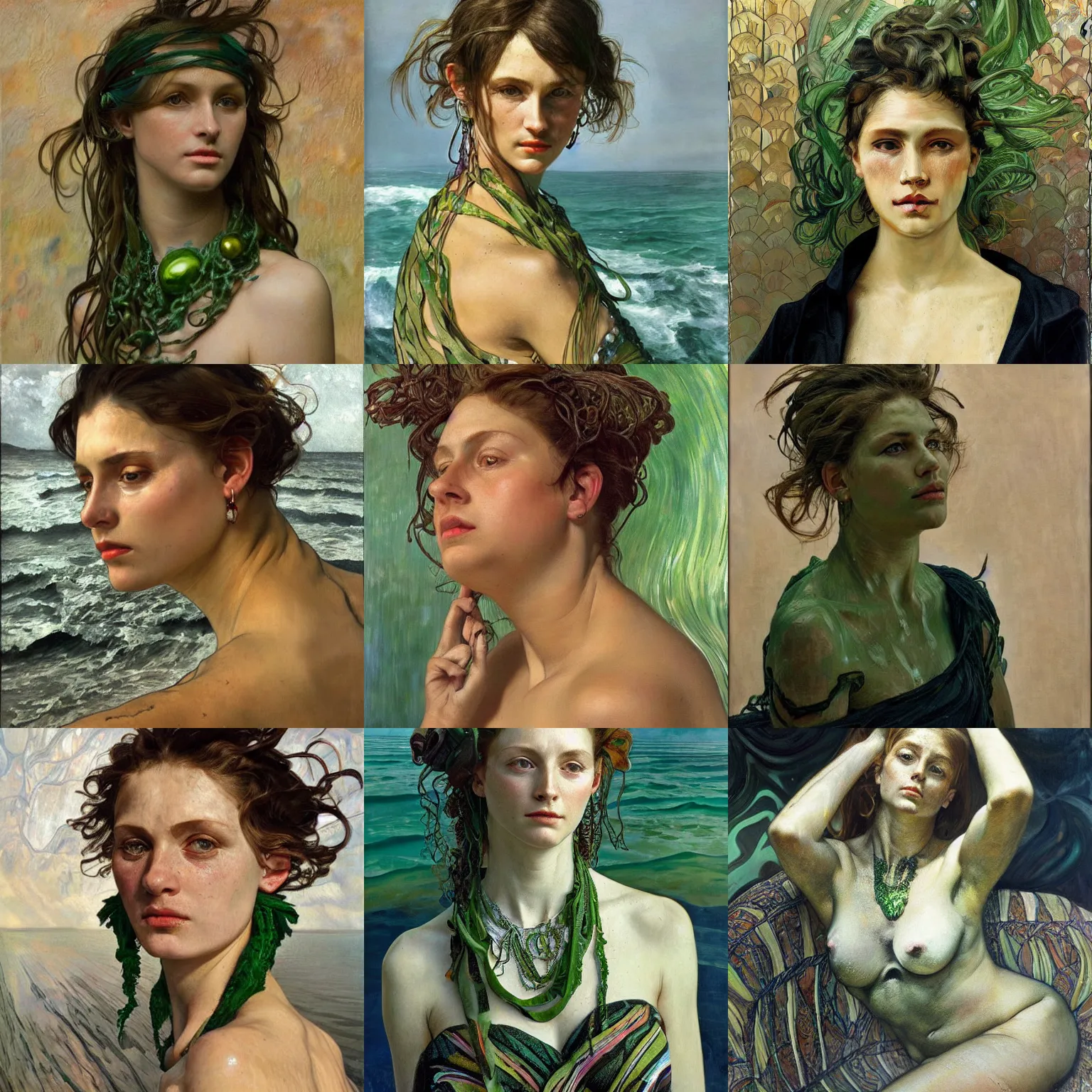 Prompt: hyperrealist portrait half body shoulder, tribal green jewelry submerge in a pitch black ocean waves, wet by lucian freud and alphonse mucha,, very detailed faces