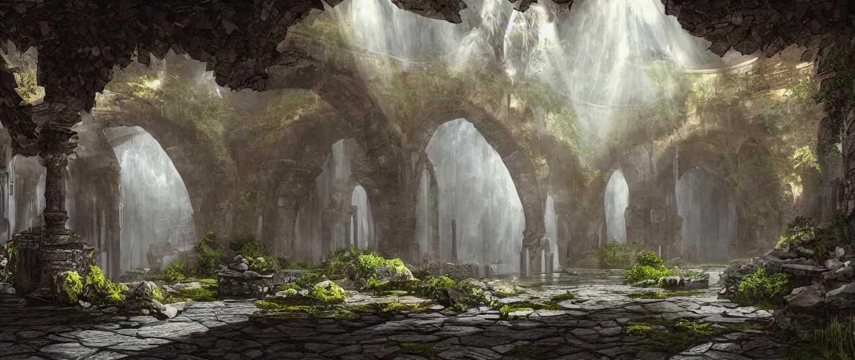 Image similar to a fantasy elven hall interior in the style of a waterfall cave, huge Greek columns, wet floors, high ceiling, dark moody lighting, foggy atmosphere, bright colors, by john howe, octane rendering