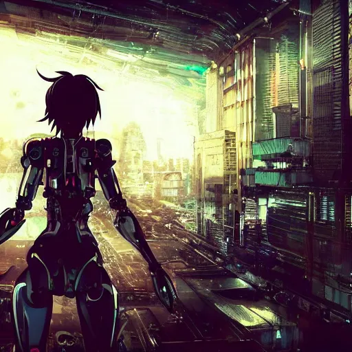 Prompt: android mechanical cyborg anime girl posing in overcrowded urban dystopia. gigantic future city. pitch black night. raining. makoto shinkai. wide angle. distant shot. dark and dreary.