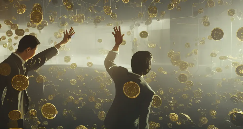 Image similar to Dramatic photo of a CEO waving to a large group of his coworkers in a futuristic office. Golden coins are levitating all around them. 8k, high detail, trending on Artstation, volumetric lighting, cyberpunk