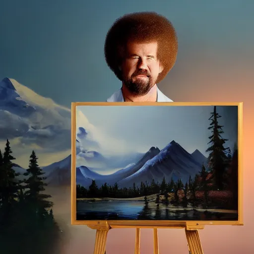 Image similar to a closeup photorealistic photograph of bob ross painting an image of kenny powers pitching a baseball on a canvas. mountains and trees. film still. brightly lit scene. this 4 k hd image is trending on artstation, featured on behance, well - rendered, extra crisp, features intricate detail, epic composition and the style of unreal engine.