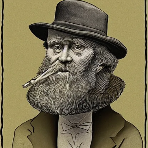 Prompt: Charles Darwin smoking a joint, escher style, portrait