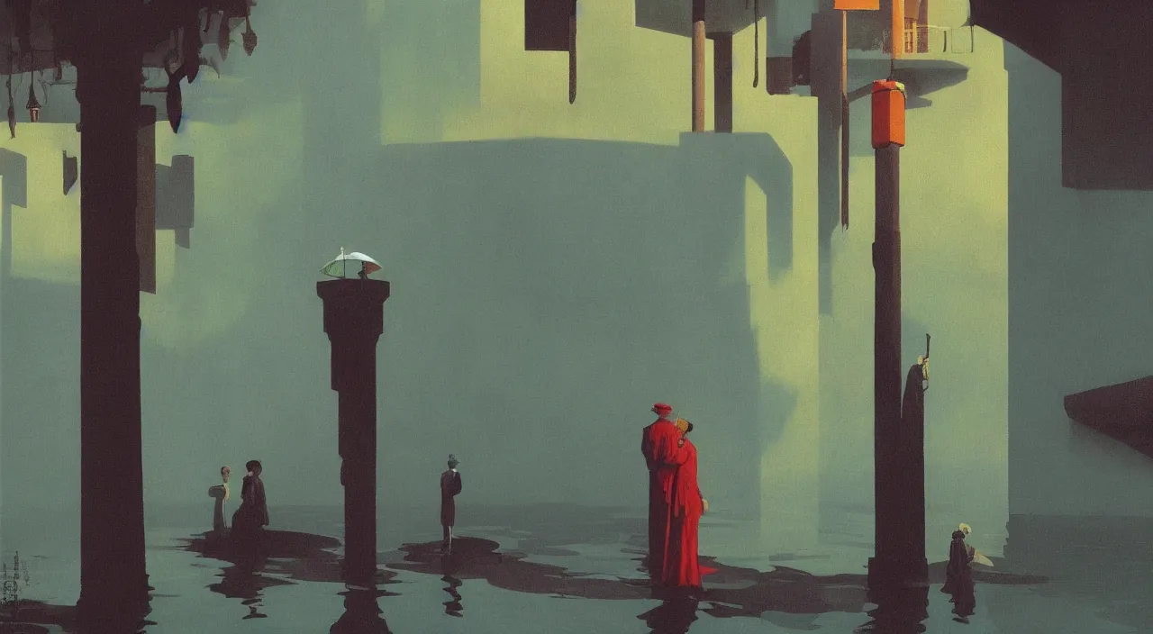 Image similar to single flooded surreal pillar, very coherent and colorful high contrast!! masterpiece by rene magritte simon stalenhag carl spitzweg syd mead norman rockwell edward hopper james gilleard, minimalist, dark shadows, sunny day, hard lighting