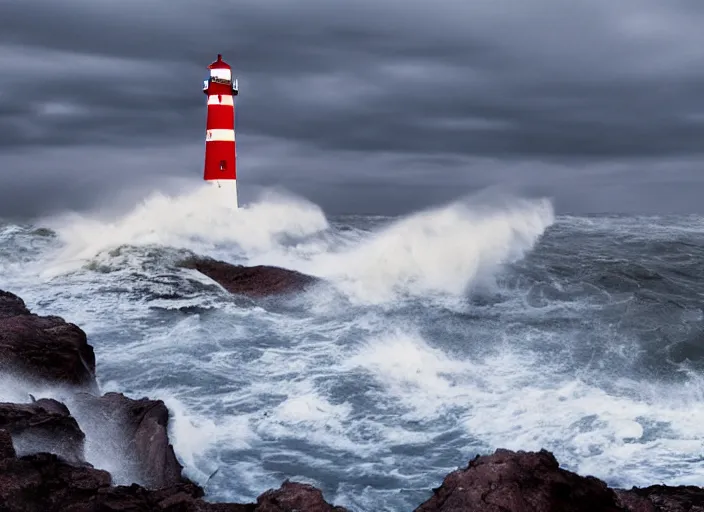 Image similar to lighthouse in a storm. lonely, churning waves, splashing on lighthouse. warm lighting