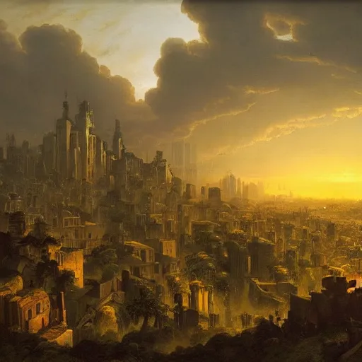 Image similar to vista of a city at sunset, the city is a sprawling renaissance city that is built amidst hilly cyclopean tombs and overgrown by the rainforest, rpg, hubert robert, cityscape, vista, dying earth, gene wolfe