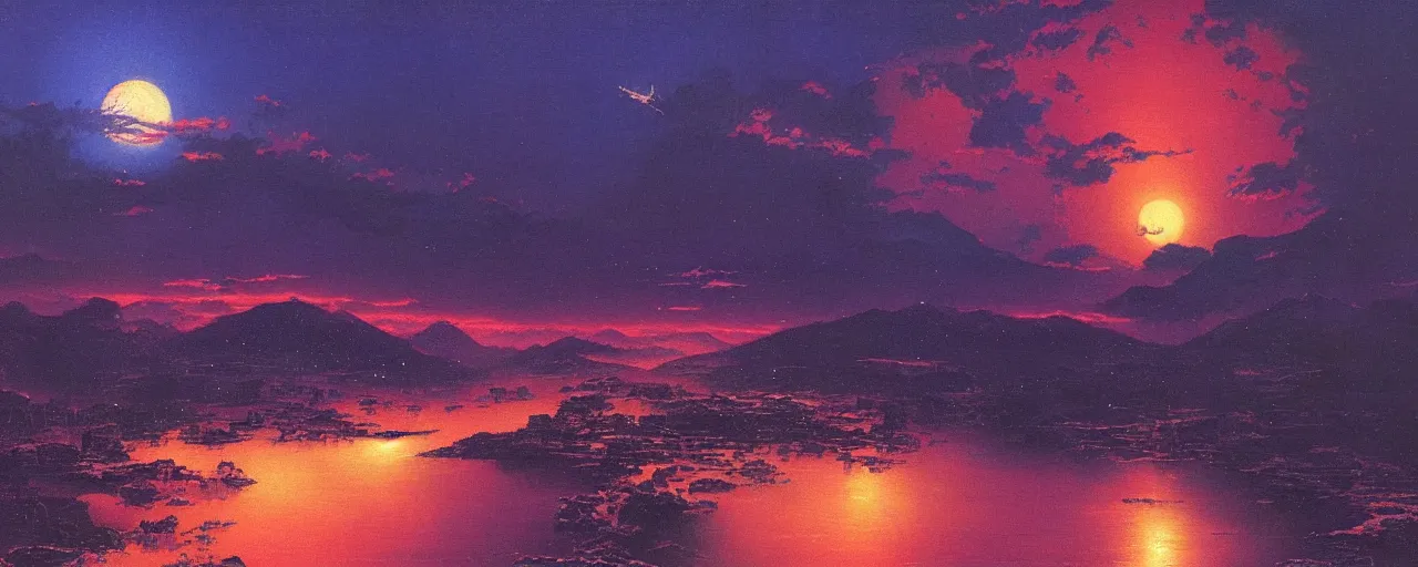 Prompt: awe inspiring bruce pennington landscape, digital art painting of 1 9 8 0 s, japan at night, 4 k, matte