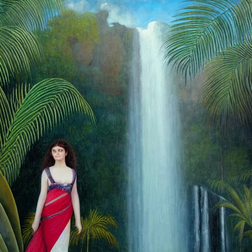 Prompt: a ultradetailed beautiful painting of lorde standing in front of the diamonds waterfall in the amazonas palace balustrade designed by jules bastien - lepage, tarsila do amaral, frank weston and gustave baumann, beach, trending on artstation, mediterranean, palm trees, sharp focus, soft light, 8 k 4 k