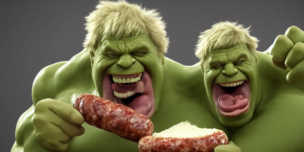 Prompt: boris johnson as the hulk eating a big sausage, focused shot, realistic, octane render