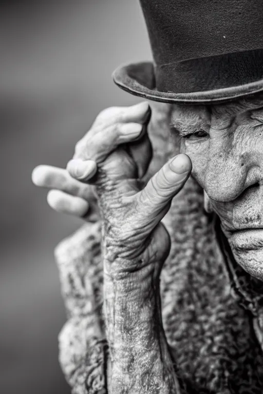 Image similar to sepia close up photograph of an old man with a worn face and trilby smoking a cigarette staring sadly into the camera, Nikon 50mm f/1.8G, award winning, detailed, 4K