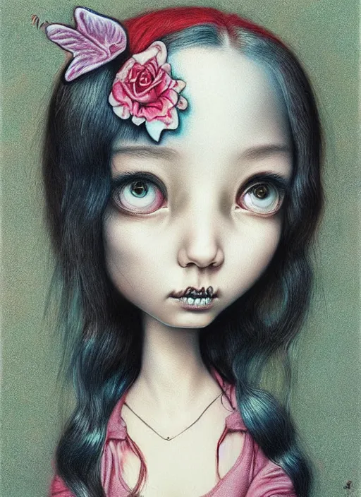 Image similar to pop surrealism, lowbrow art, realistic cute alice girl painting, japanese street fashion, hyper realism, muted colors, mark ryden, trevor brown style