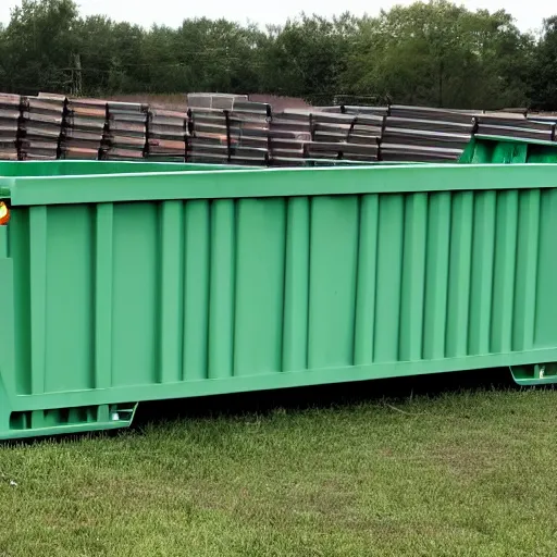 Prompt: gigantic 3 0 foot long rectangular green contractor dumpster side view, wide shot