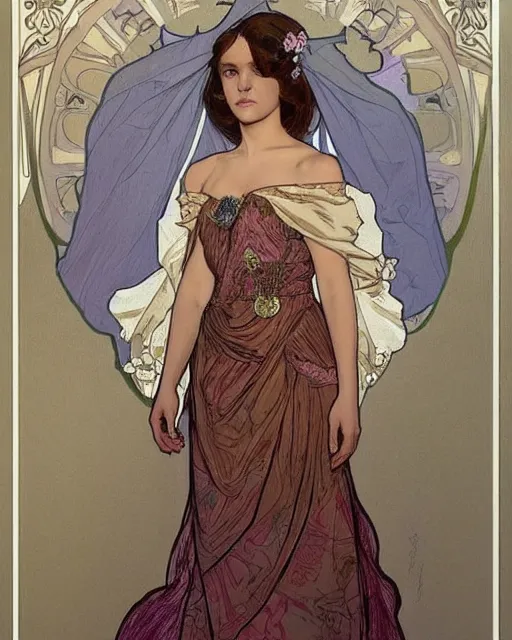 Image similar to an art nouveau painting of a girl resembling alicia vikander or millie bobby brown in a wedding dress, highly detailed, intricate, artstation, by alphonse mucha