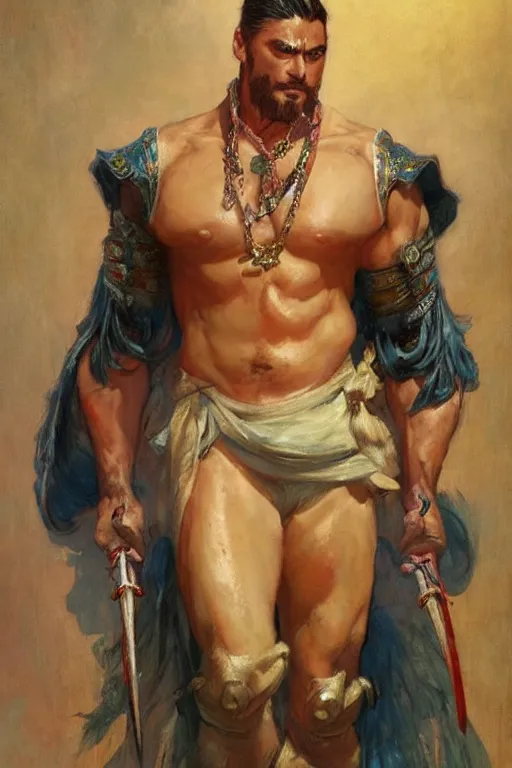 Image similar to wuxia, attractive beefy man, character design, colorful, painting by gaston bussiere, craig mullins, j. c. leyendecker, tom of finland