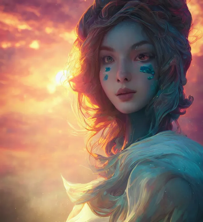 Image similar to centered waist up portrait photography an angel + bokeh + DOF + 8k, photorealistic + rendered in unreal engine + colors and composition by Peter Mohrbacher + line work by Dan Mumford , ultra realistic + backlit + strong rimlight, sunset,