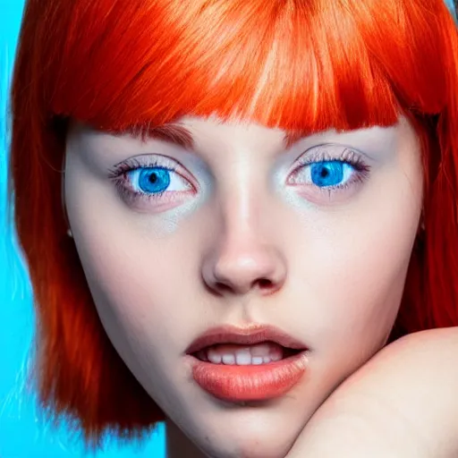 Prompt: Pretty face orange hair, light blue background, 8k, award-winning photorealistic