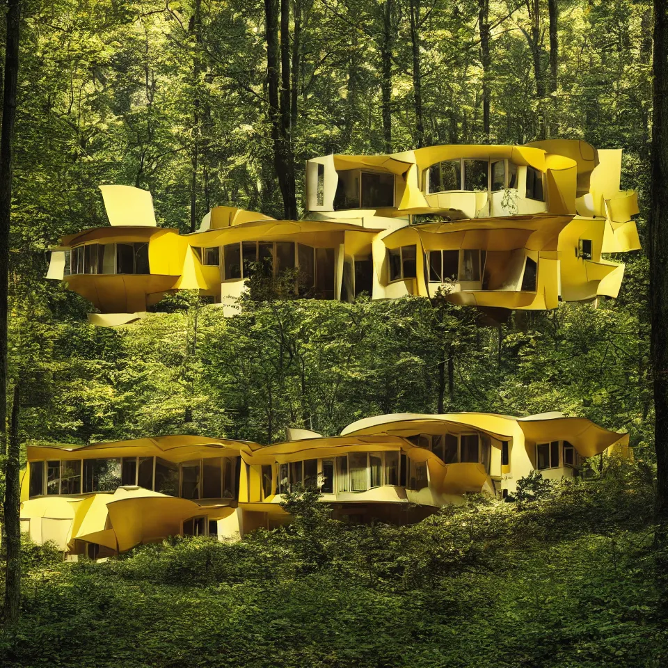 Image similar to architecture ad for a mid-century modern house in the middle of the forrest, designed by Frank Gehry. Film grain, cinematic, colorized, yellow hue