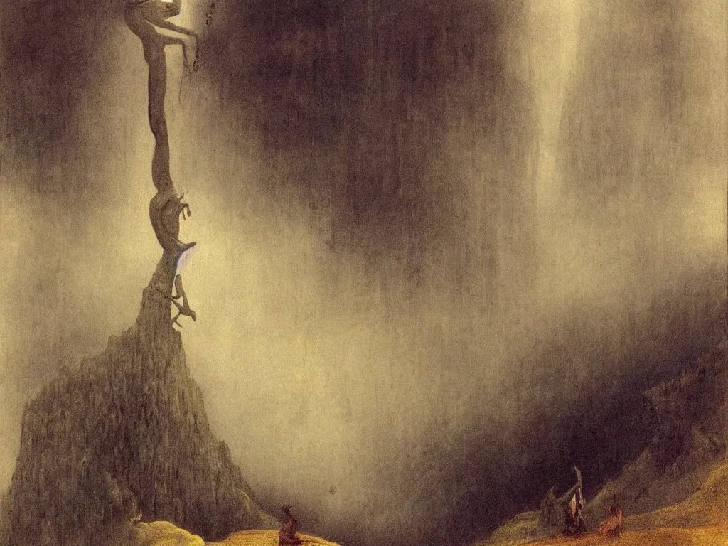 Image similar to Giant Balinese sculpted god in a ravine, fog, melancholy, noise, surreal canopy, Harsh, golden light, thunderstorm. Painting by Alfred Kubin, Caspar David Friedrich