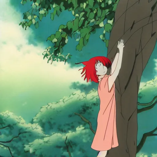 Image similar to anime cel of a girl climbing a tree