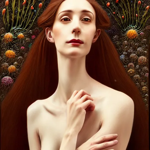 Image similar to portrait of a young attractive nerdy woman in flowing sensual dress, arrogant, long fine flowing hair, delicate, looking at camera, slightly awkward smile, realistic face, realistic hands, stylish, elegant, grimdark fantasy, flowers, extremely detailed painting inspired by Gerald Brom and Ernst Haeckel and Monia Merlo, studio lighting