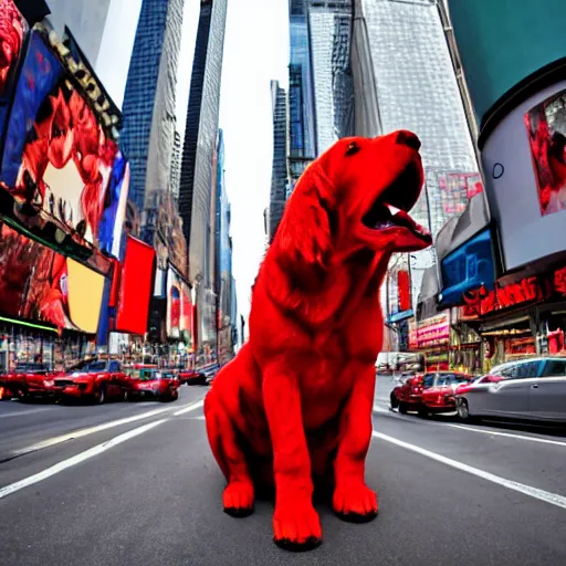 Prompt: a long shot of Clifford a big red dog 25 feet tall photographed in New York City, Times Square avenue barking at random tourists, 4k, detailed