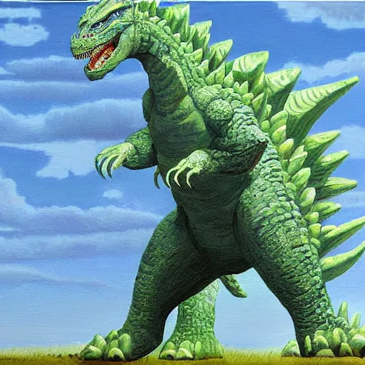 Image similar to paleoart painting of Godzilla in the style of Charles R. Knight