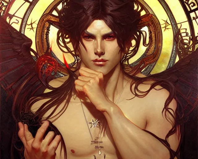 Image similar to attractive male deity, casting dark magic, summoning handsome lucifer morningstar, highly detailed painting by artgerm and greg rutkowski and alphonse mucha