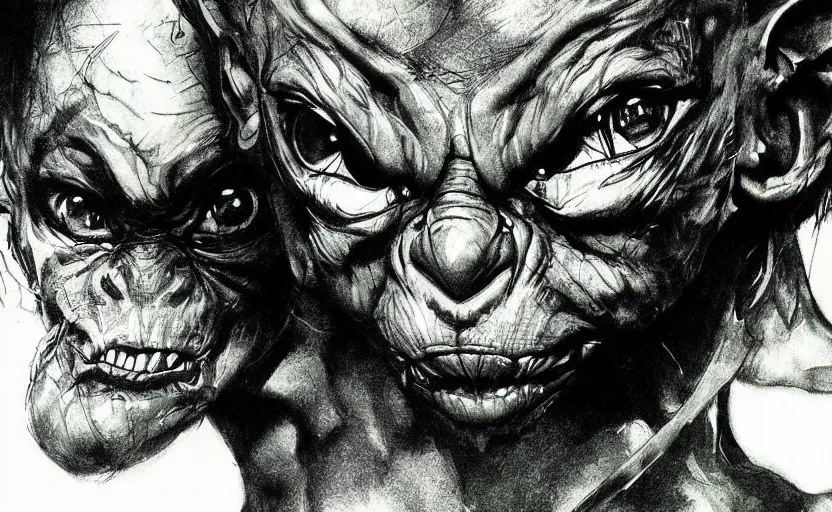 Image similar to yoji shinkawa drawing of gollum