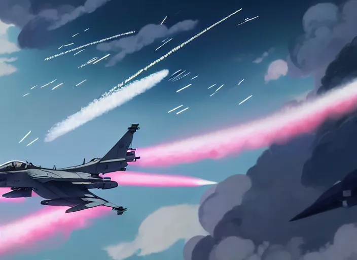 Prompt: portrait of figther jet evading, smoky sky background, lush landscape, illustration concept art anime key visual trending pixiv fanbox by wlop and greg rutkowski and makoto shinkai and studio ghibli and kyoto animation, us airforce, f 1 6, symmetrical wings, chaff and flare lights, missiles trails