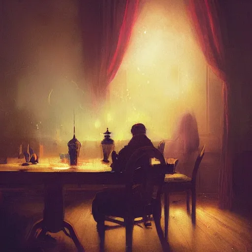 Image similar to The dinner with all of my lost ones, By Delphin Anjolras, by Ismail Inceoglu, by Emiliano Ponzi, ghosts