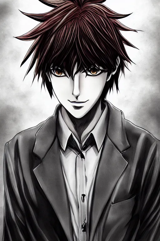 Image similar to light yagami, god of the new world, highly detailed, digital art, sharp focus, trending on art station, death note