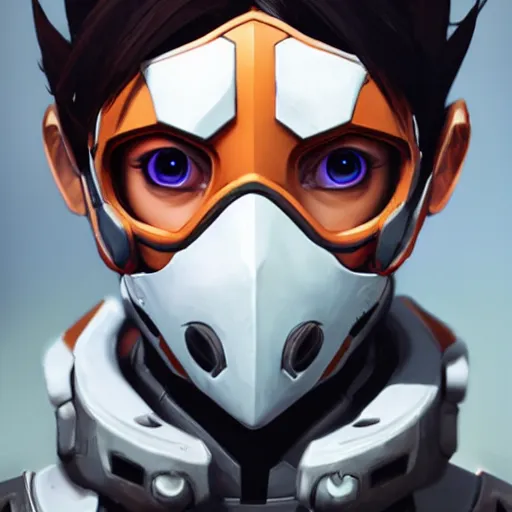 Image similar to overwatch tracer wearing a cyberkinetic mask, digital art, pretty face, very beautiful face, very detailed eyes, ultra detailed, by woop, greg rutkowski,