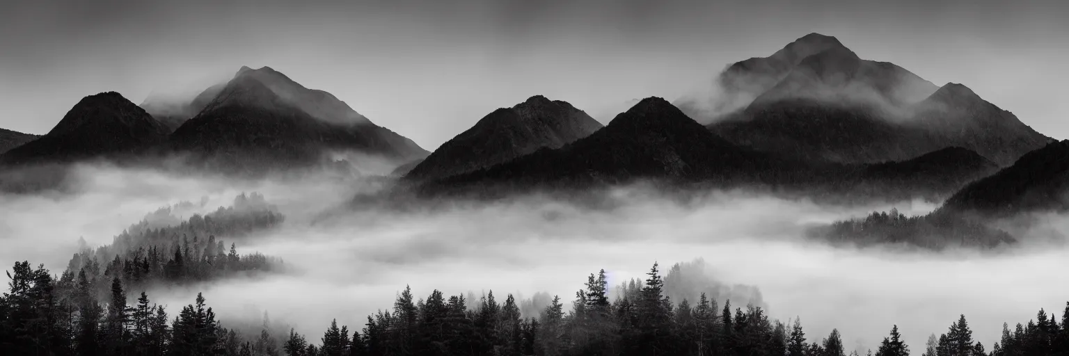 Image similar to monochrome photo of ambient and misty mountains