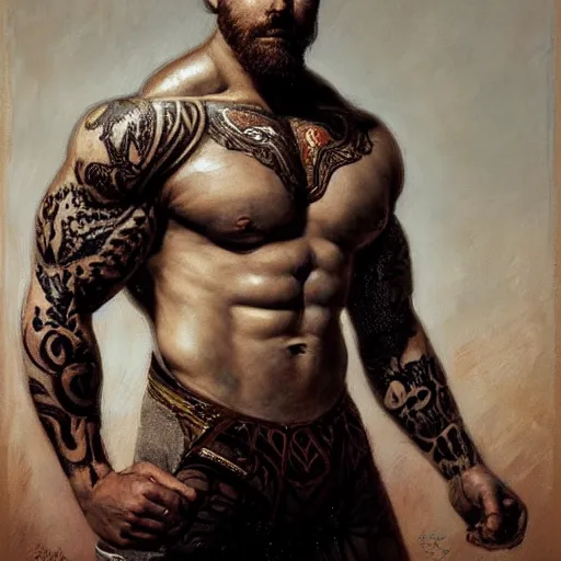 Prompt: handsome portrait of a wrestler guy bodybuilder posing, war hero, wearing singlet, intricate tattoos, radiant light, caustics, by gaston bussiere, bayard wu, greg rutkowski, giger, maxim verehin